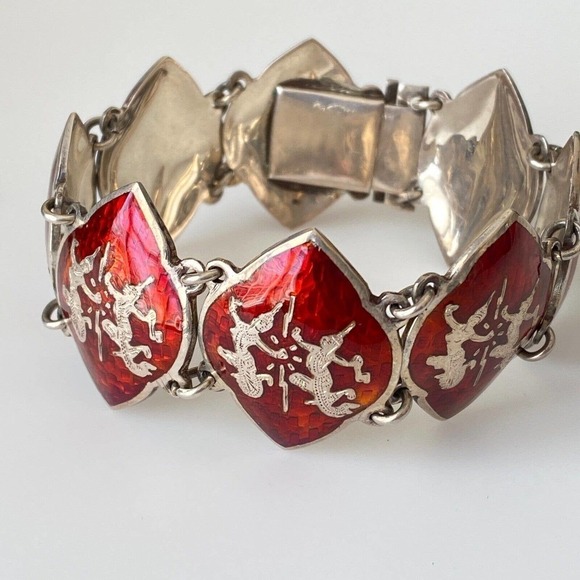 Amfarco Siam Vintage Sterling Silver Red Enamel Dancer Panel Link Bracelet 7.5" - Picture 3 of 5